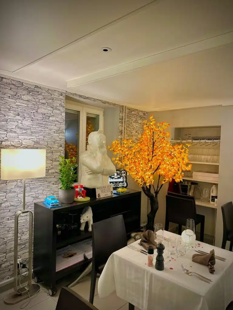 Coin de salle avec mur en pierre et arbre lumineux